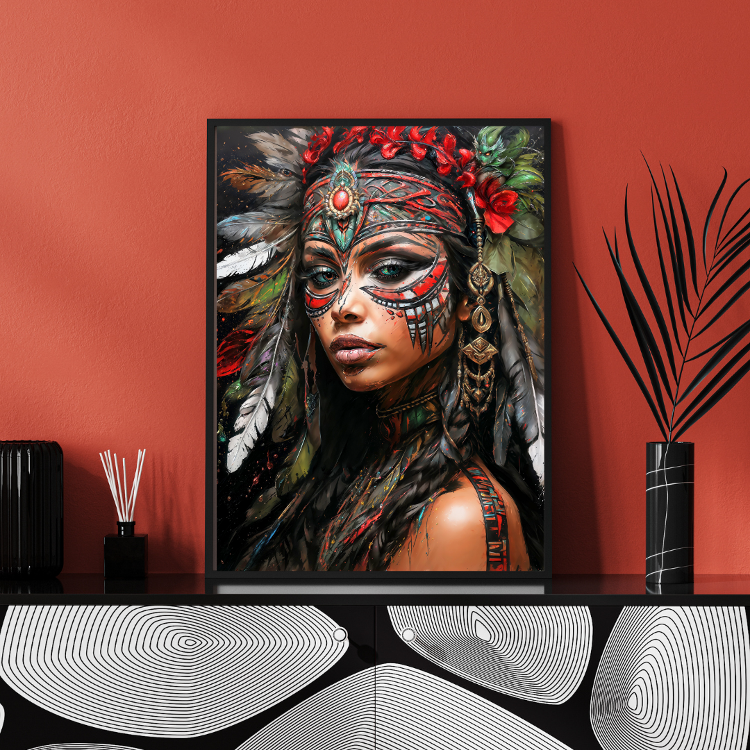 Poster | Art Print Aztec Queen Wall Art – Mystical Portrait in Ethnic Style as High-Quality Art Print