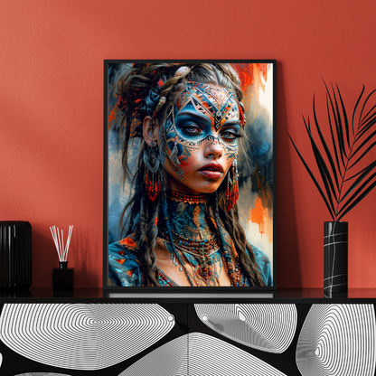 Poster | Art Print Aztec Queen Wall Art – Mystical Portrait in Ethnic Style as High-Quality Art Print