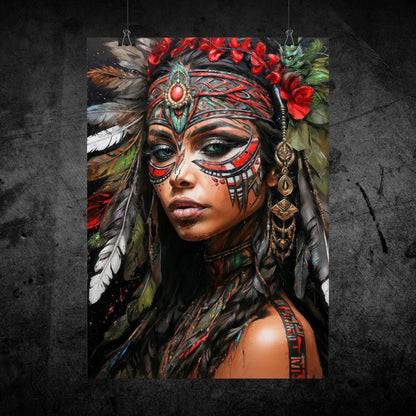 Vibrant, bohemian-style portrait of a woman with expressive face paint, a large feathered headdress, and intricate jewelry. This art print is a stylized interpretation inspired by Native American aesthetics