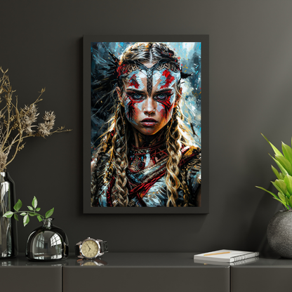 This artwork is a striking digital portrait of a fierce and powerful female warrior, featuring intense face paint with bold red and white streaks and intricate, tribal-inspired designs. Her braided hair adds to the warrior aesthetic, while her piercing, determined green eyes exude strength and resolve. The background is dynamic, filled with abstract strokes of blue, gray, and fiery orange, enhancing the dramatic and mystical atmosphere. The mix of realism and fantasy creates a captivating quality