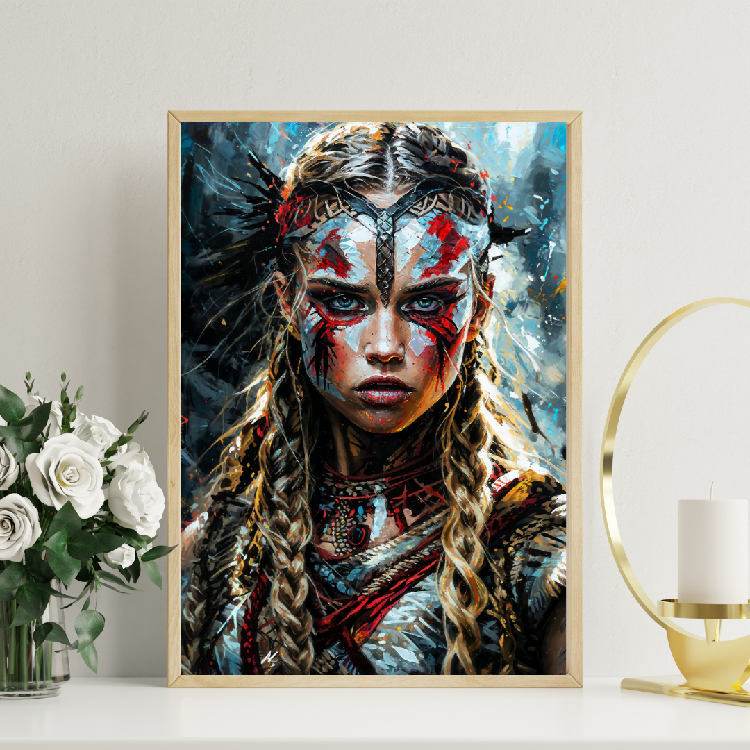 mockup of a printed framed poster of a viking warrior woman with blue eyes blonde hair. Portrait has a lot of colorful details made by brush strokes. Warrior woman digital art, Female Viking artwork, Tribal warrior portrait print, Fierce warrior woman poster